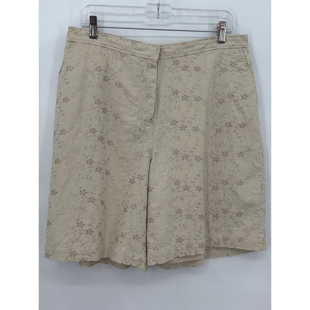 Denim & Co Womens Beige Linen Blend‎ Eyelet Embroidered Shorts Size L High Rise